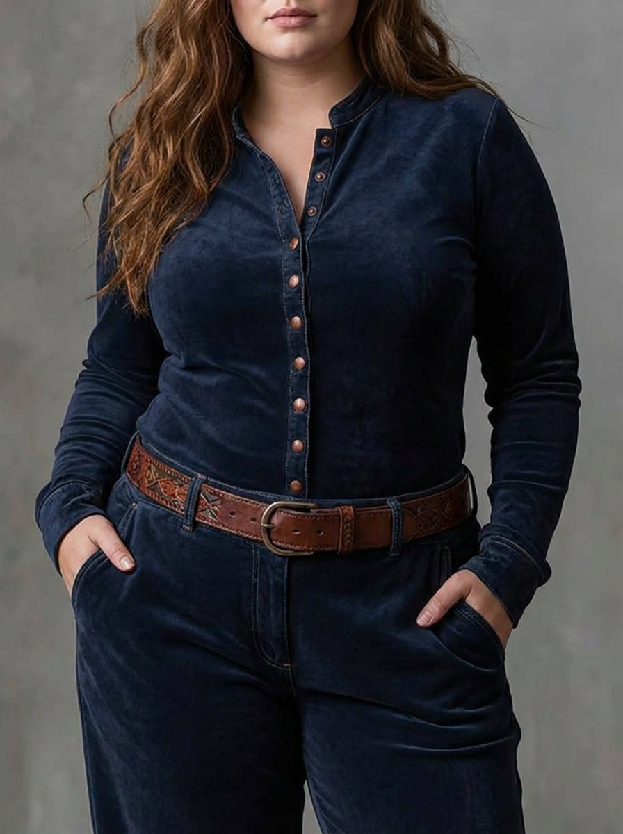 Fabrizia | Vestido Largo Vintage de Cuadros Efecto Ante Azul Marino (con Cinturón)