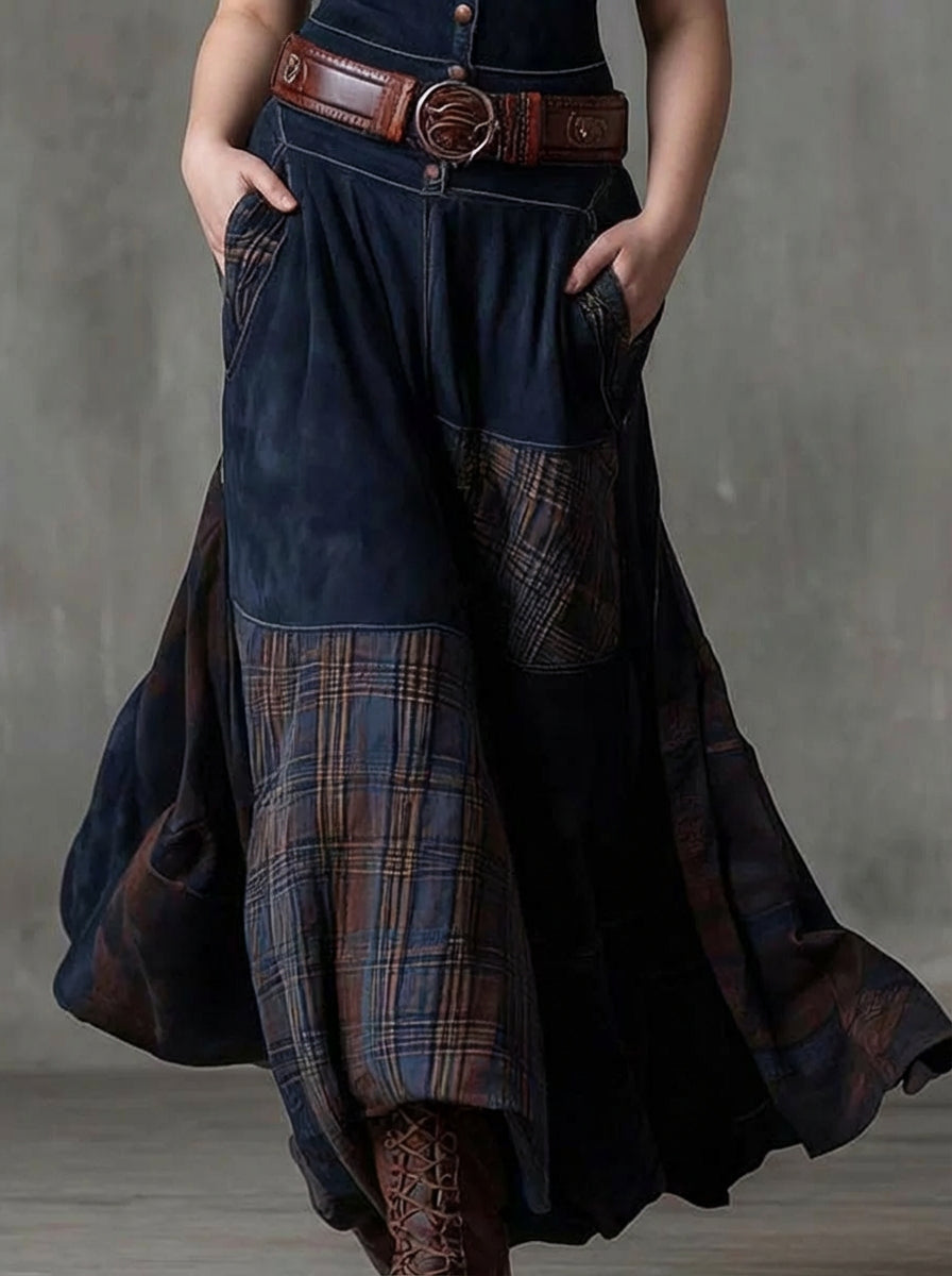 Fabrizia | Vestido Largo Vintage de Cuadros Efecto Ante Azul Marino (con Cinturón)