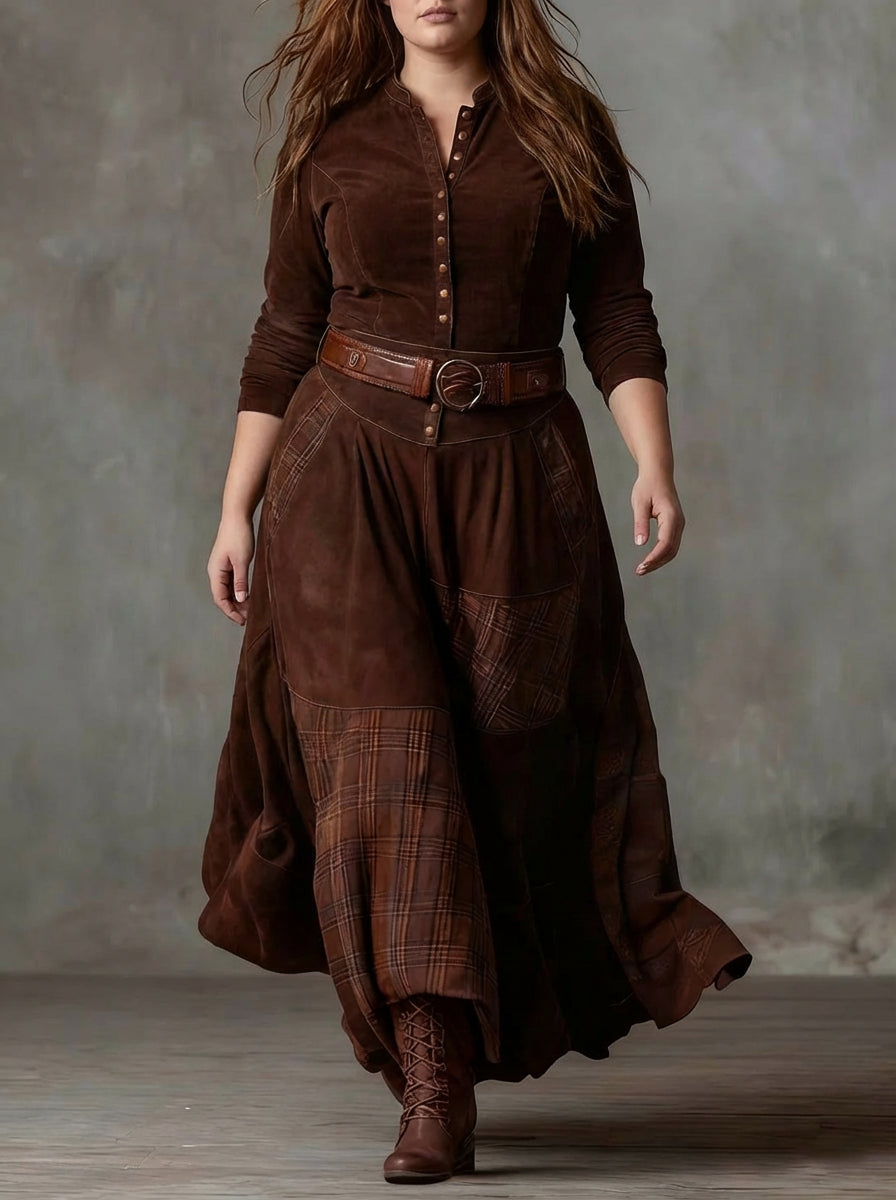 Fabrizia | Vestido Largo Vintage de Cuadros Efecto Ante Azul Marino (con Cinturón)