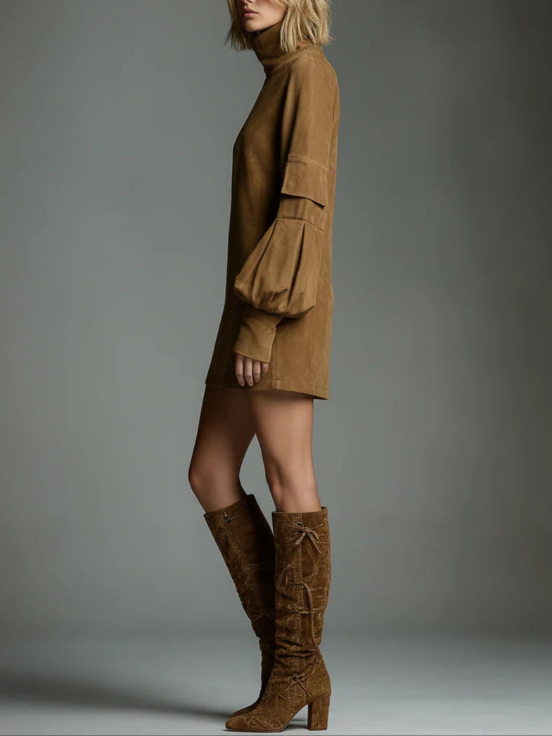 Clelia | Vestido Mini Oversize Efecto Ante con Cuello Alto