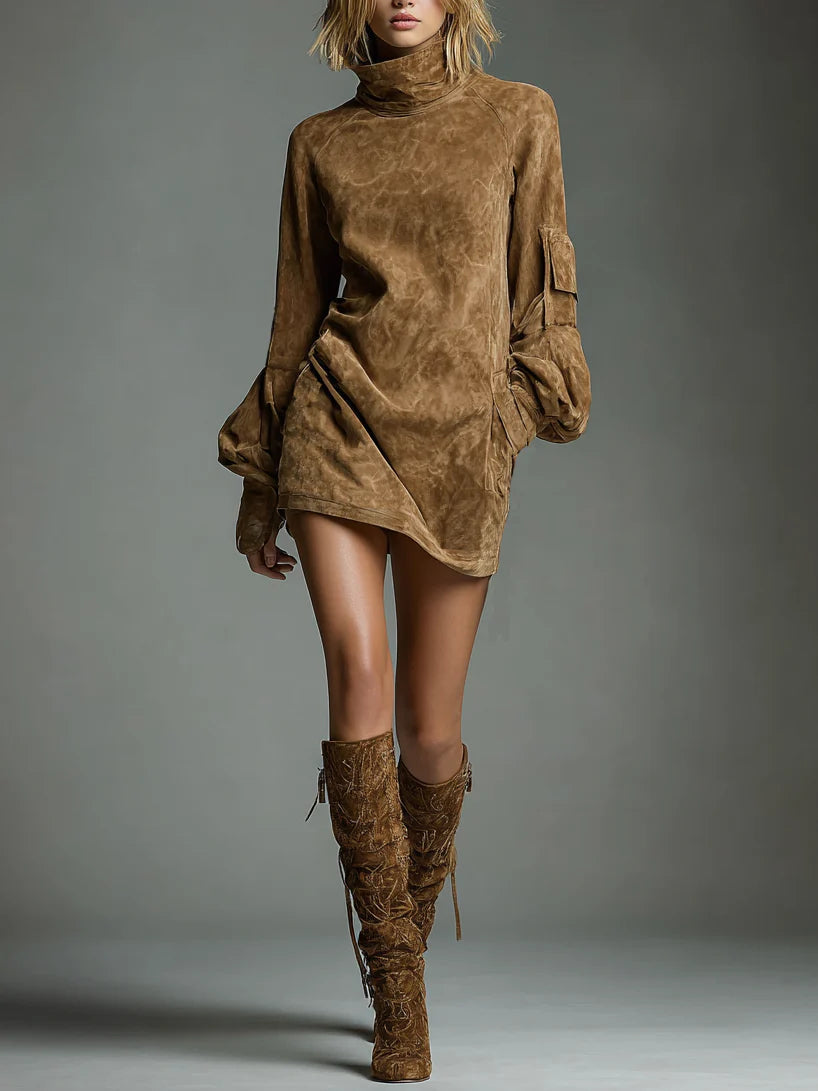 Clelia | Vestido Mini Oversize Efecto Ante con Cuello Alto - Marrón