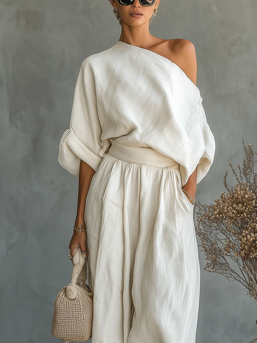 Rebecca | Conjunto de Lino Blanco Roto con Top de Hombros Descubiertos y Pantalón Cónico