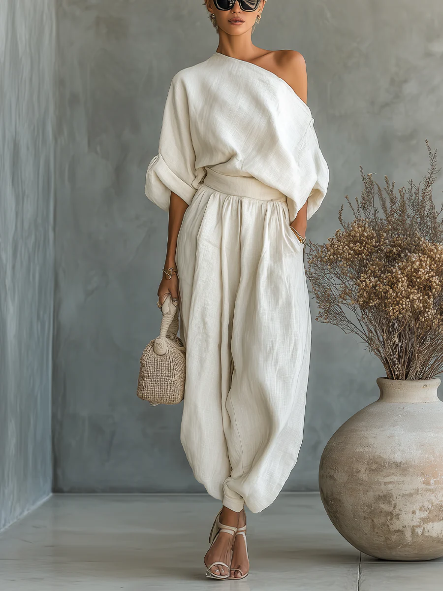 Rebecca | Conjunto de Lino Blanco Roto con Top de Hombros Descubiertos y Pantalón Cónico