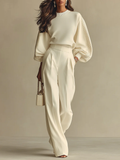 Nora | Conjunto de Punto Acanalado Marfil con Cuello Redondo y Pantalón de Talle Alto