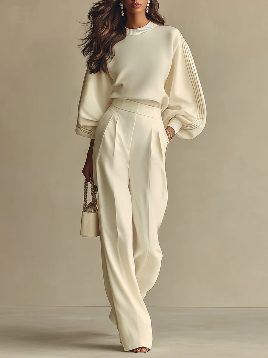 Nora | Conjunto de Punto Acanalado Marfil con Cuello Redondo y Pantalón de Talle Alto