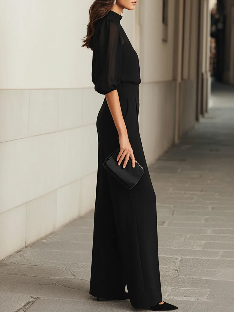 Linda | Conjunto de Tres Piezas con Blusa Transparente, Top y Pantalón Ancho