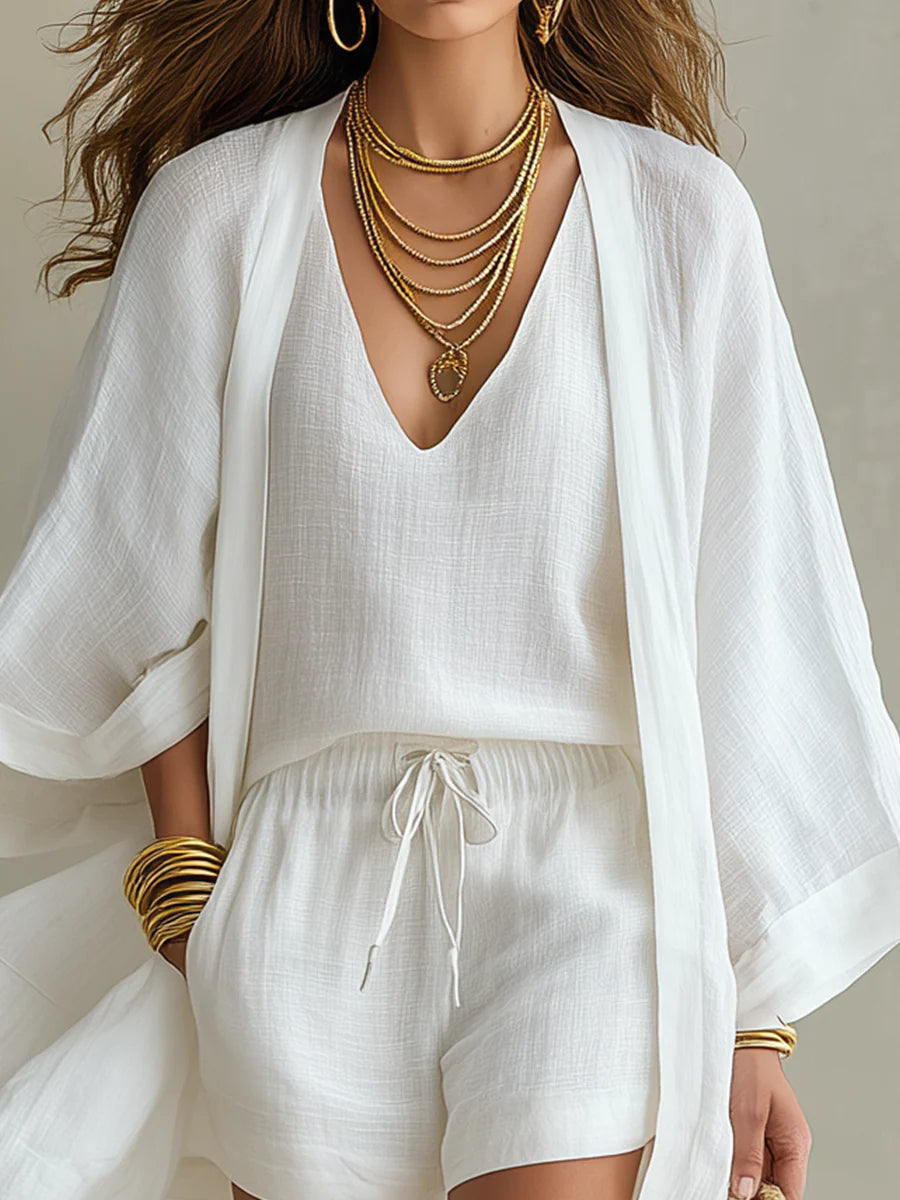 Samantha | Conjunto de Tres Piezas con Cárdigan Holgado, Top y Short con Cordón