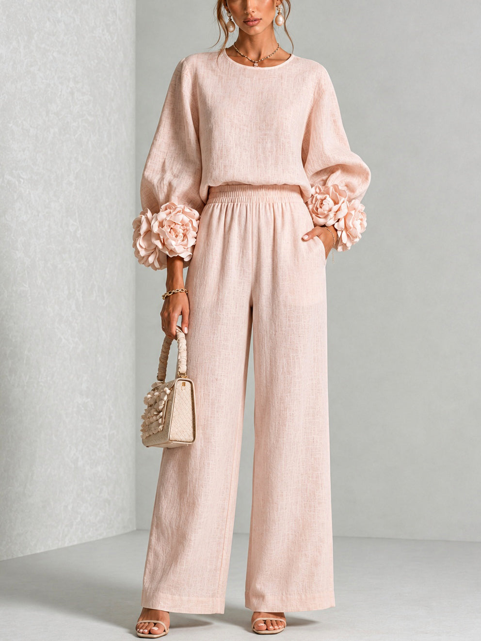 Carys | Conjunto de Dos Piezas con Puños Florales - Rosa Palo