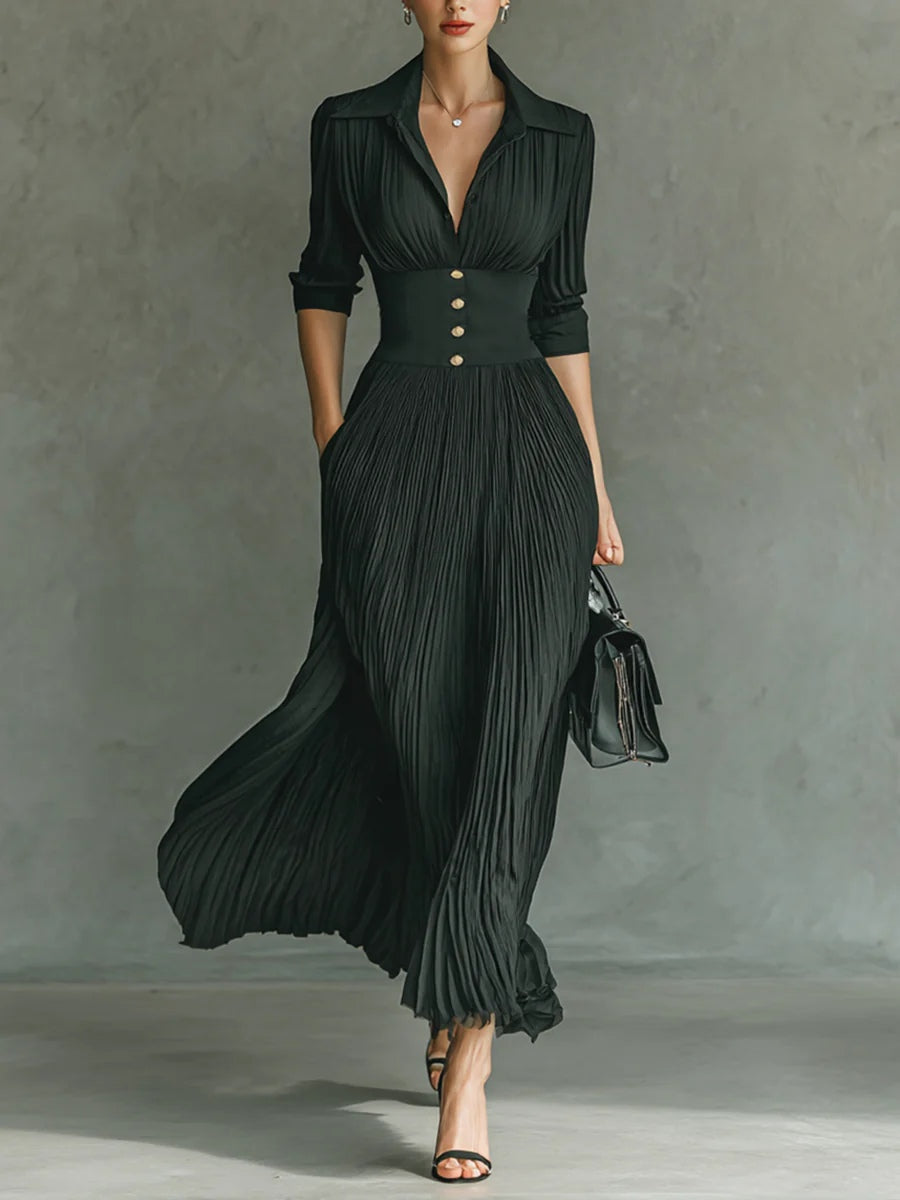 Luisa | Vestido Largo Plisado con Solapa y Cintura Alta - Verde
