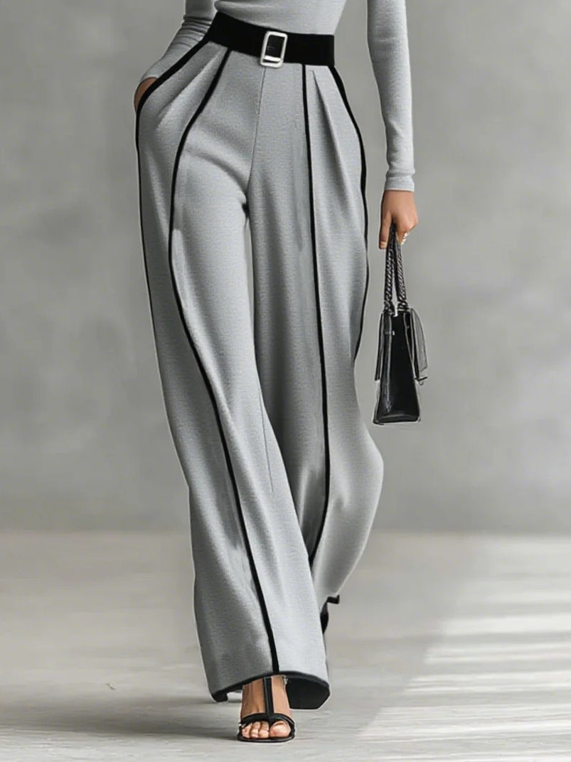 Jolanda | Conjunto de Jersey de Cuello Alto con Ribete Blanco y Pantalón Ancho con Cinturón
