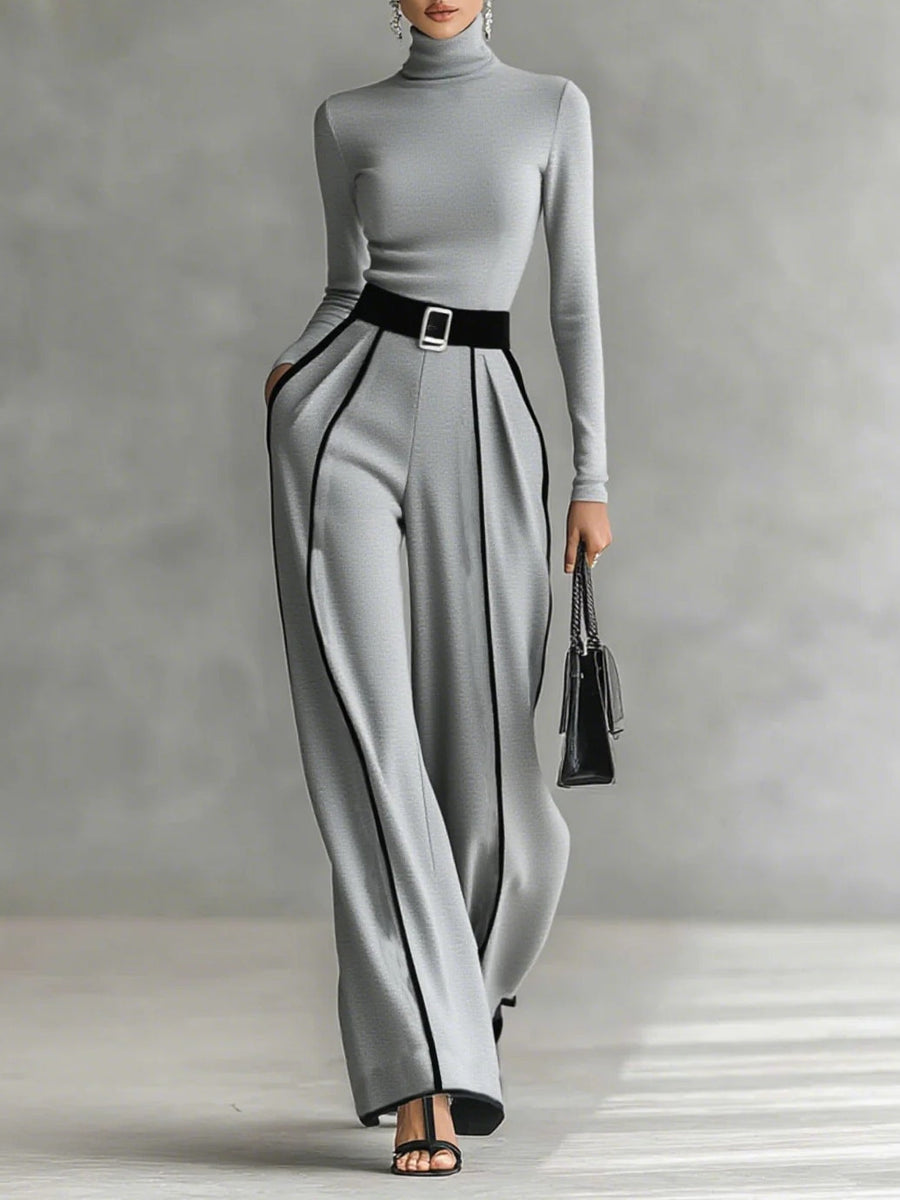 Jolanda | Conjunto de Jersey de Cuello Alto con Ribete Blanco y Pantalón Ancho con Cinturón