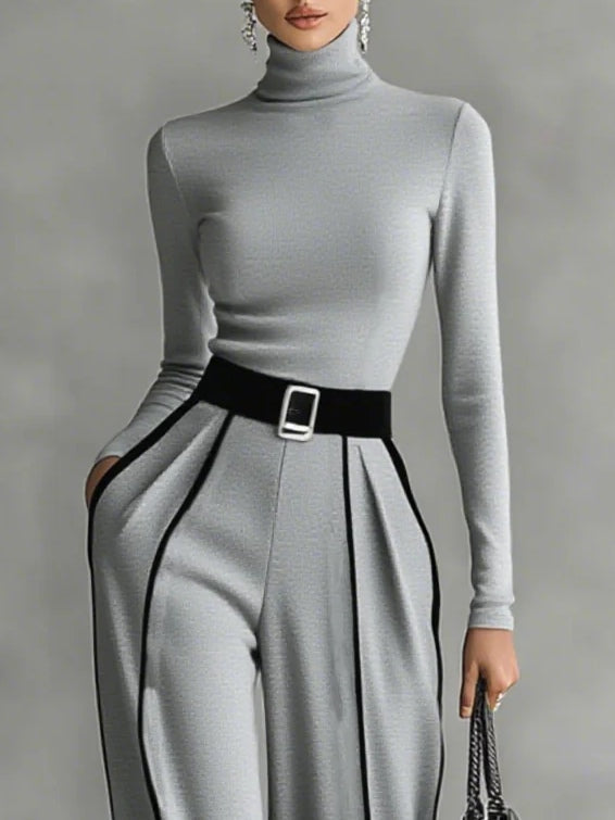 Jolanda | Conjunto de Jersey de Cuello Alto con Ribete Blanco y Pantalón Ancho con Cinturón