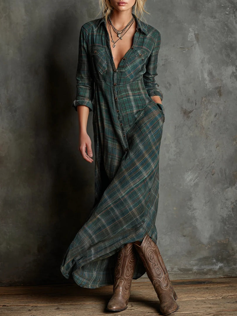 Laura | Vestido Largo de Cuadros Estilo Camisero - Verde