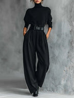 Miriam | Conjunto Negro de Jersey de Cuello Alto y Pantalón Recto con Cinturón