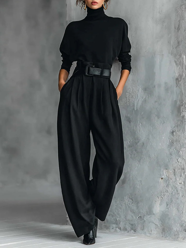 Miriam | Conjunto Negro de Jersey de Cuello Alto y Pantalón Recto con Cinturón