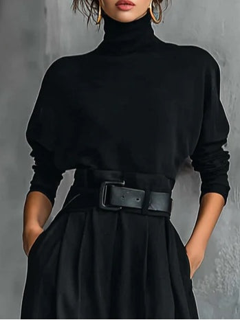 Miriam | Conjunto Negro de Jersey de Cuello Alto y Pantalón Recto con Cinturón