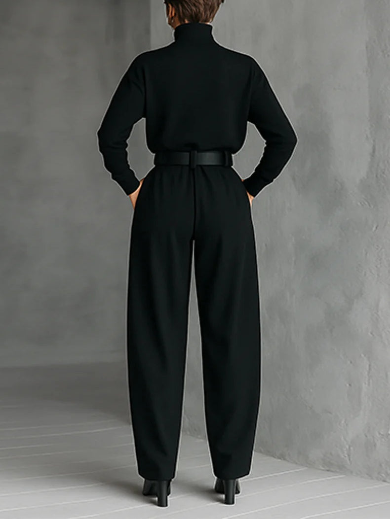 Miriam | Conjunto Negro de Jersey de Cuello Alto y Pantalón Recto con Cinturón