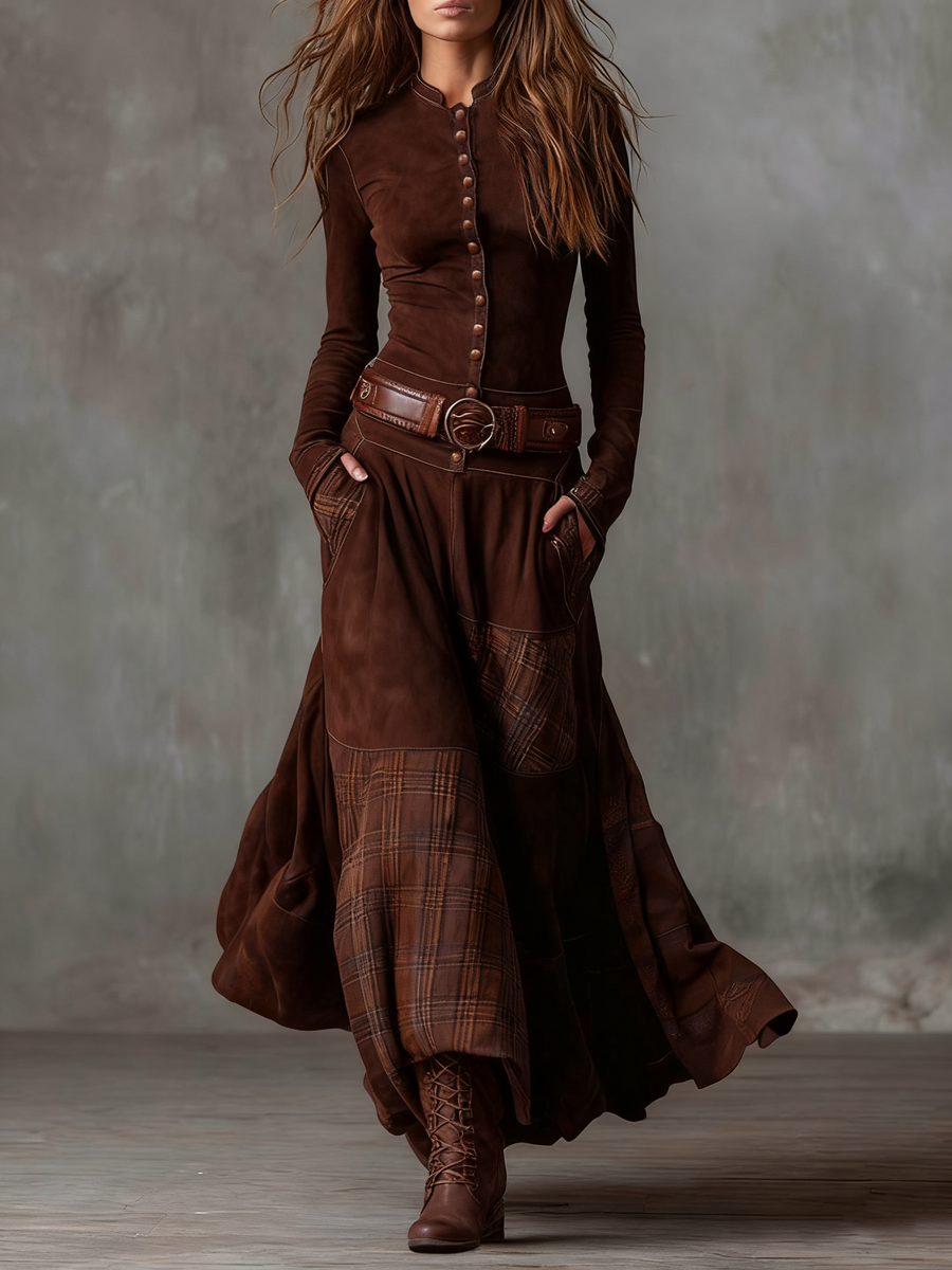 Domenica | Vestido Maxi Efecto Ante con Cinturón - Marrón