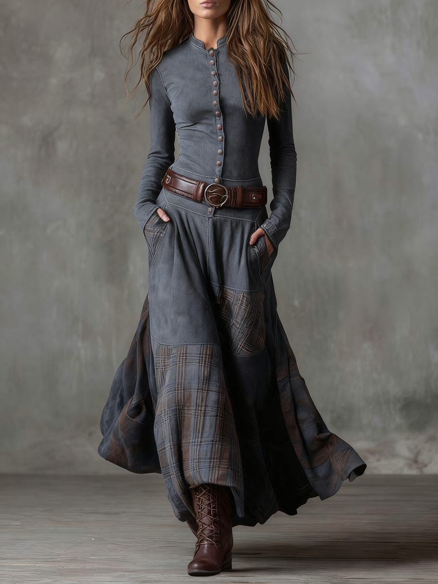 Domenica | Vestido Maxi Efecto Ante con Cinturón - Gris