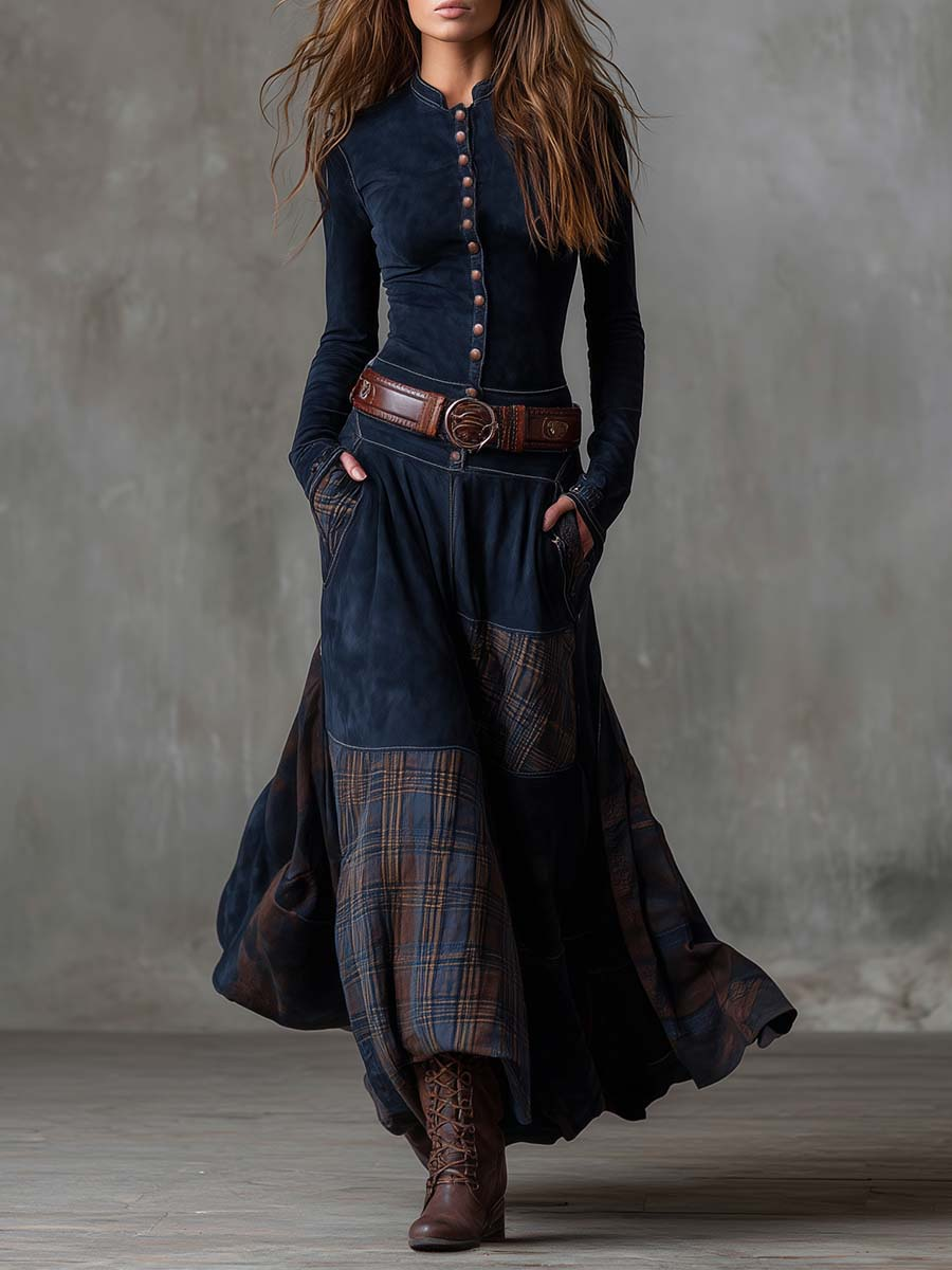 Domenica | Vestido Maxi Efecto Ante con Cinturón - Azul marino