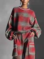 Rosanna | Conjunto de Sudadera y Pantalón de Cuadros Rojo y Gris con Ribetes