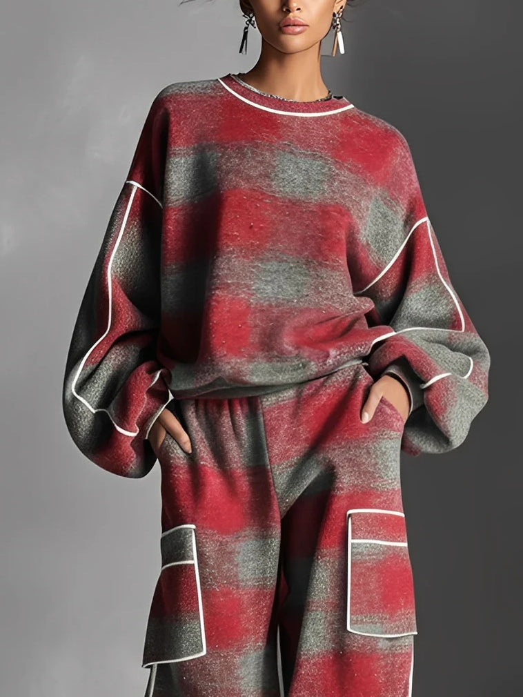 Rosanna | Conjunto de Sudadera y Pantalón de Cuadros Rojo y Gris con Ribetes