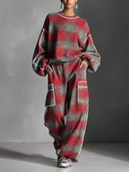 Rosanna | Conjunto de Sudadera y Pantalón de Cuadros Rojo y Gris con Ribetes