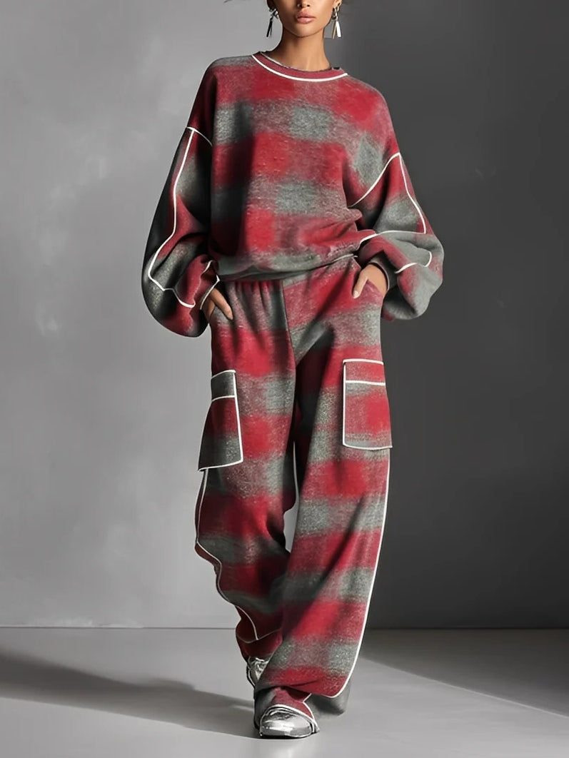 Rosanna | Conjunto de Sudadera y Pantalón de Cuadros Rojo y Gris con Ribetes