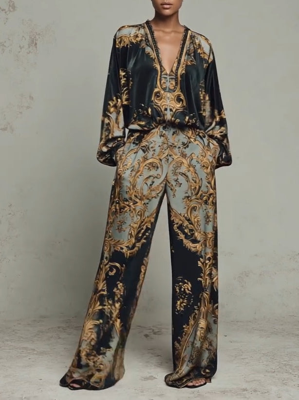 Selene | Conjunto Barroco de Terciopelo con Top y Pantalón Ancho Estampado
