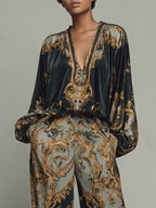 Selene | Conjunto Barroco de Terciopelo con Top y Pantalón Ancho Estampado