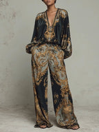 Selene | Conjunto Barroco de Terciopelo con Top y Pantalón Ancho Estampado