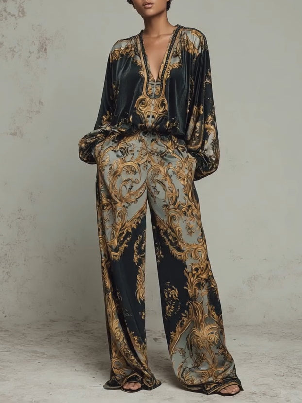 Selene | Conjunto Barroco de Terciopelo con Top y Pantalón Ancho Estampado