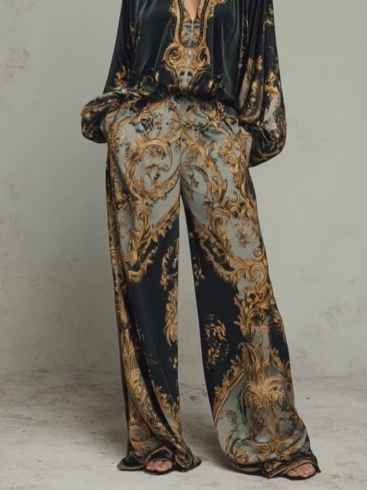 Selene | Conjunto Barroco de Terciopelo con Top y Pantalón Ancho Estampado