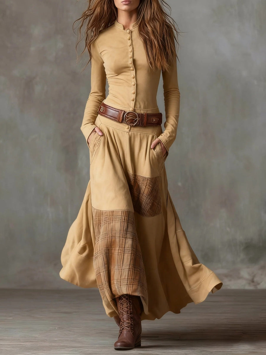 Domenica | Vestido Maxi Efecto Ante con Cinturón - Camel