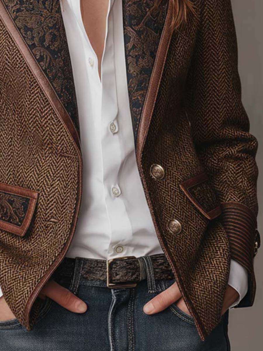 Albina | Blazer con Panel de Espiga y Ribetes en Contraste