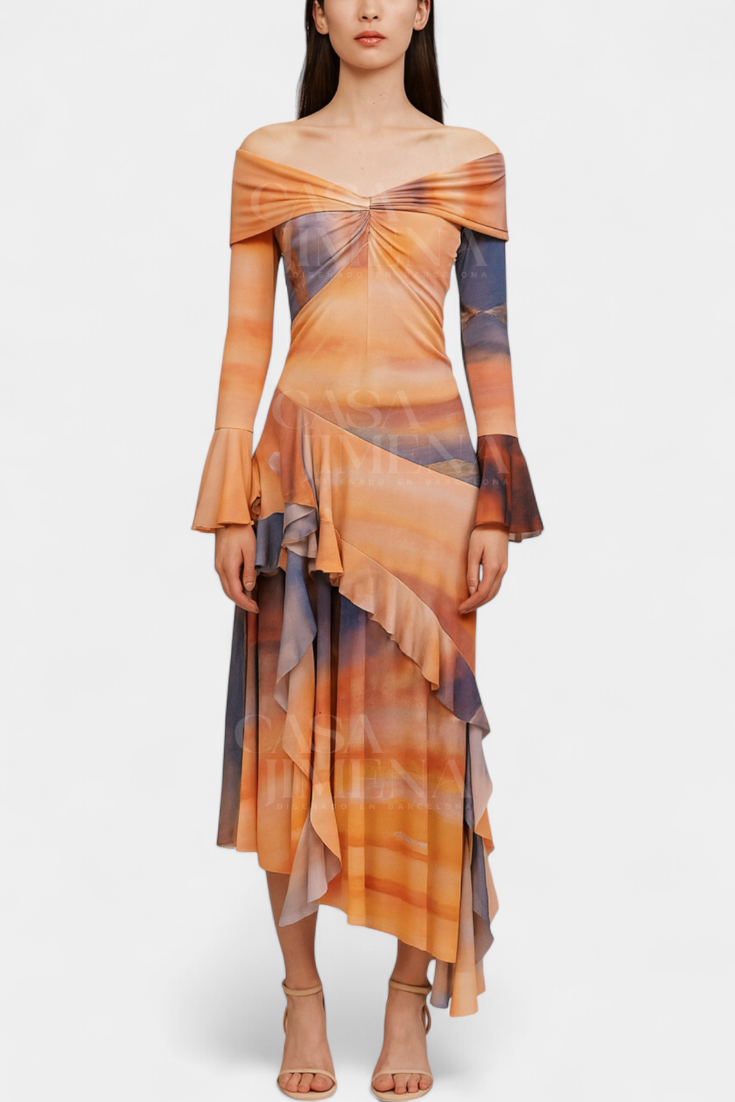 Agentha Falda Larga Asimétrica con Estampado Tie-Dye