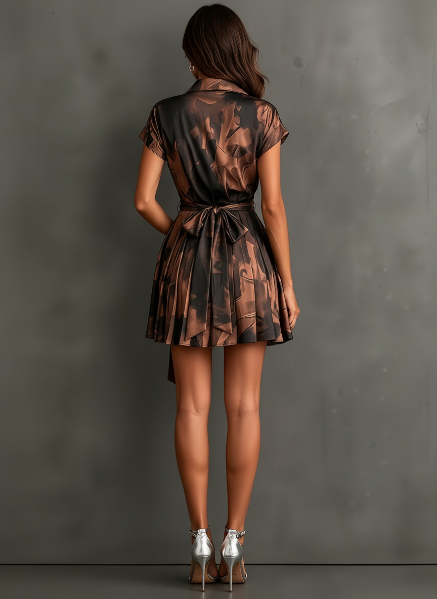 Alfonsina | Vestido Mini Cruzado con Estampado Abstracto en Marrón