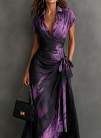 Alegra | Vestido Midi Cruzado con Estampado Abstracto en Morado