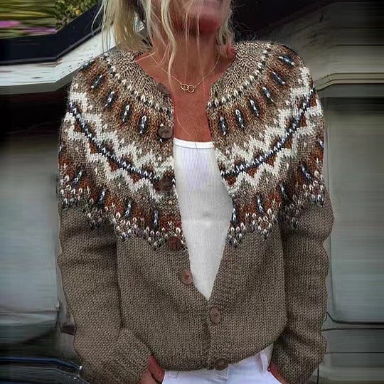 Lorena | Cárdigan Nórdico Marrón Topo con Canesú Beige
