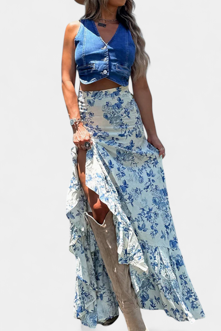 Kala Falda Maxi Floral con Abertura y Volantes