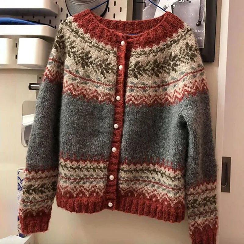 Mimosa | Cárdigan Nórdico Rojo Teja y Gris a Rayas
