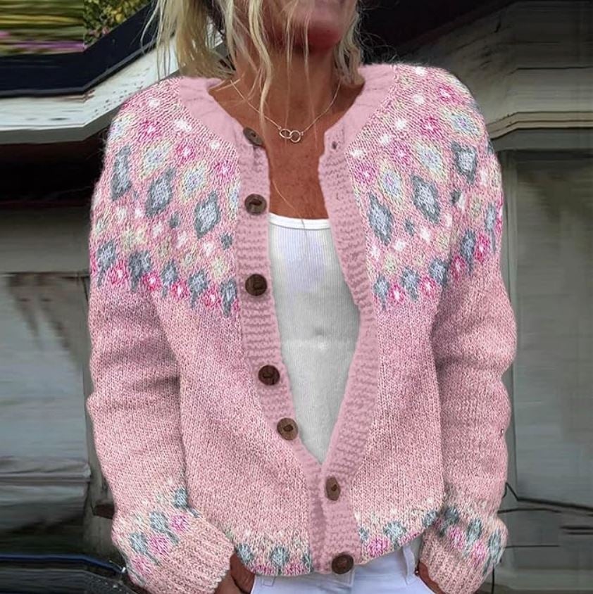 Perla | Cárdigan Nórdico Rosa Claro con Flores Celestes