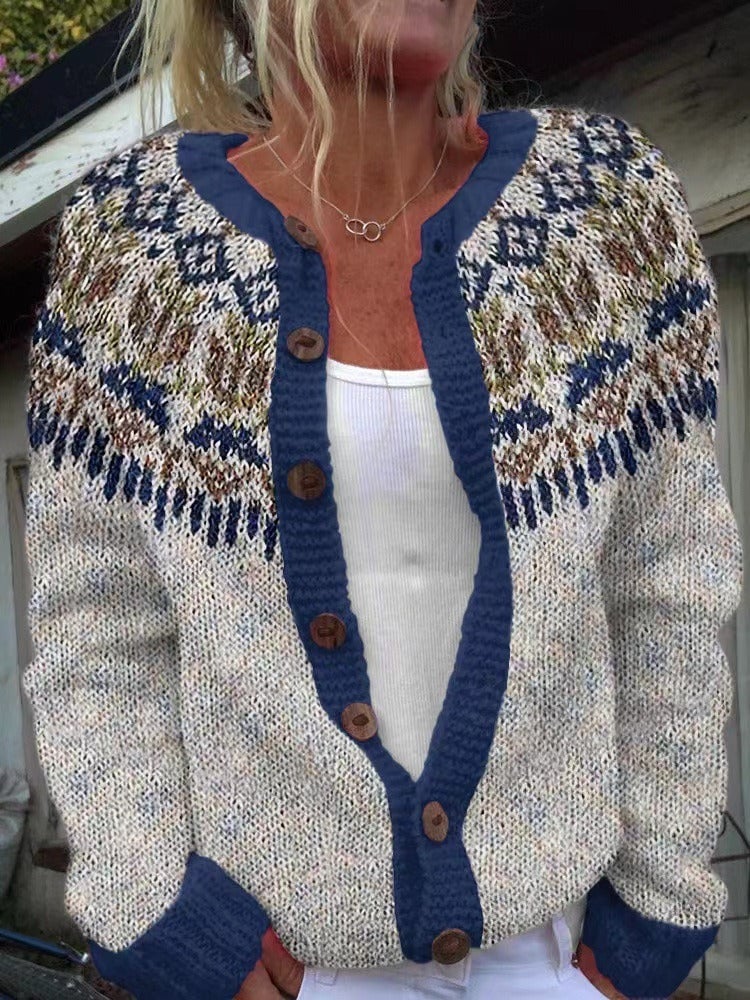 Patrizia | Cárdigan Nórdico Crema con Ribetes Azul Marino