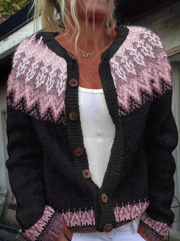 Pierangela | Cárdigan Nórdico Negro con Canesú Rosa