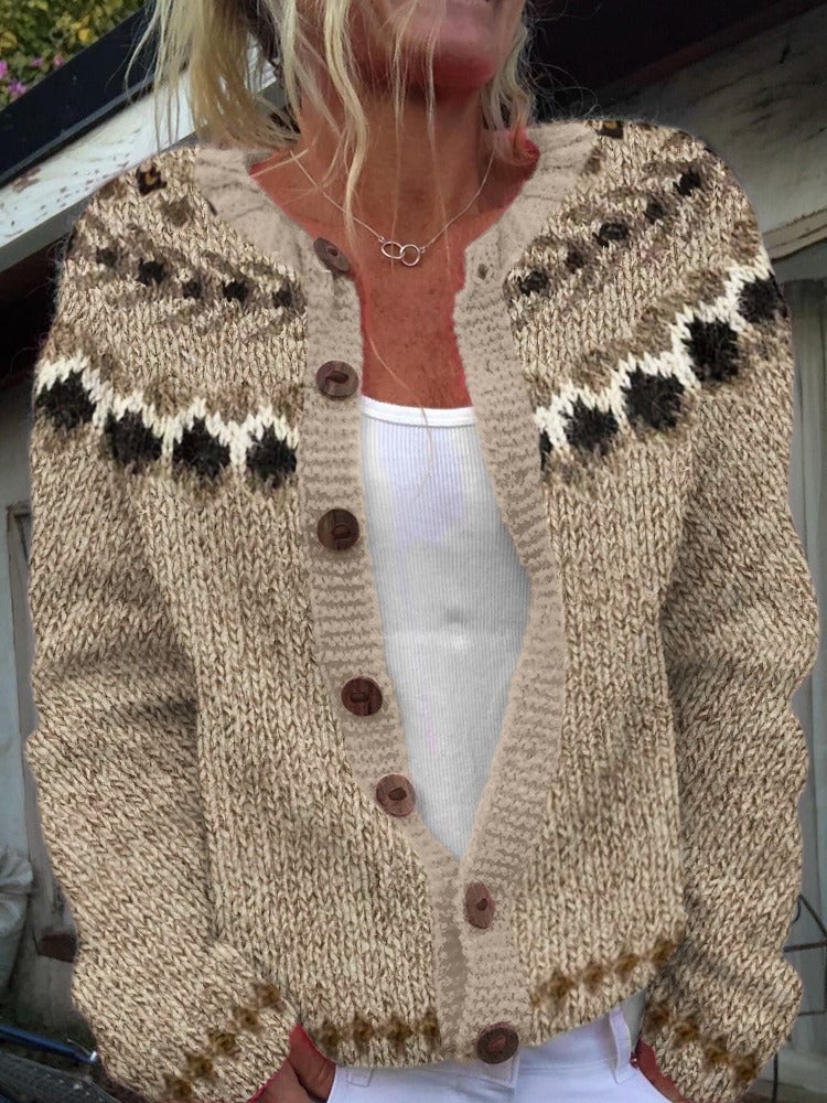 Morgana | Cárdigan Nórdico Beige Jaspeado con Motivos Negros