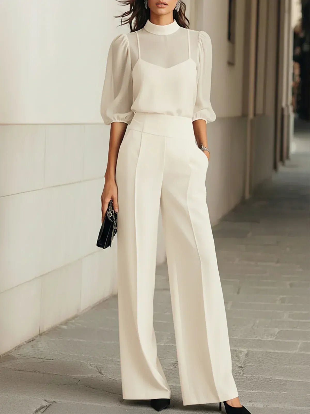 Caterina | Conjunto negro de tres piezas con top de camisola translúcida y pantalones de pierna ancha - Blanco