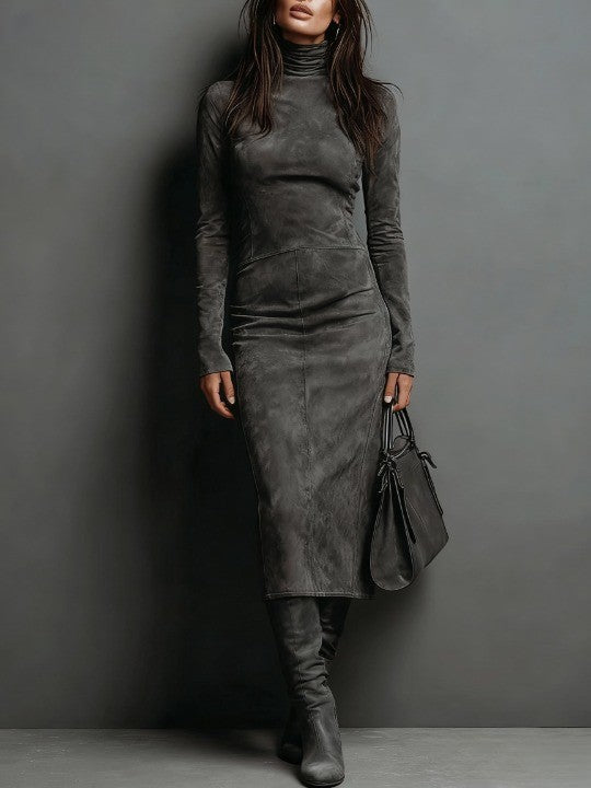 Barbara | Vestido Midi Marrón de Cuello Alto - Gris oscuro