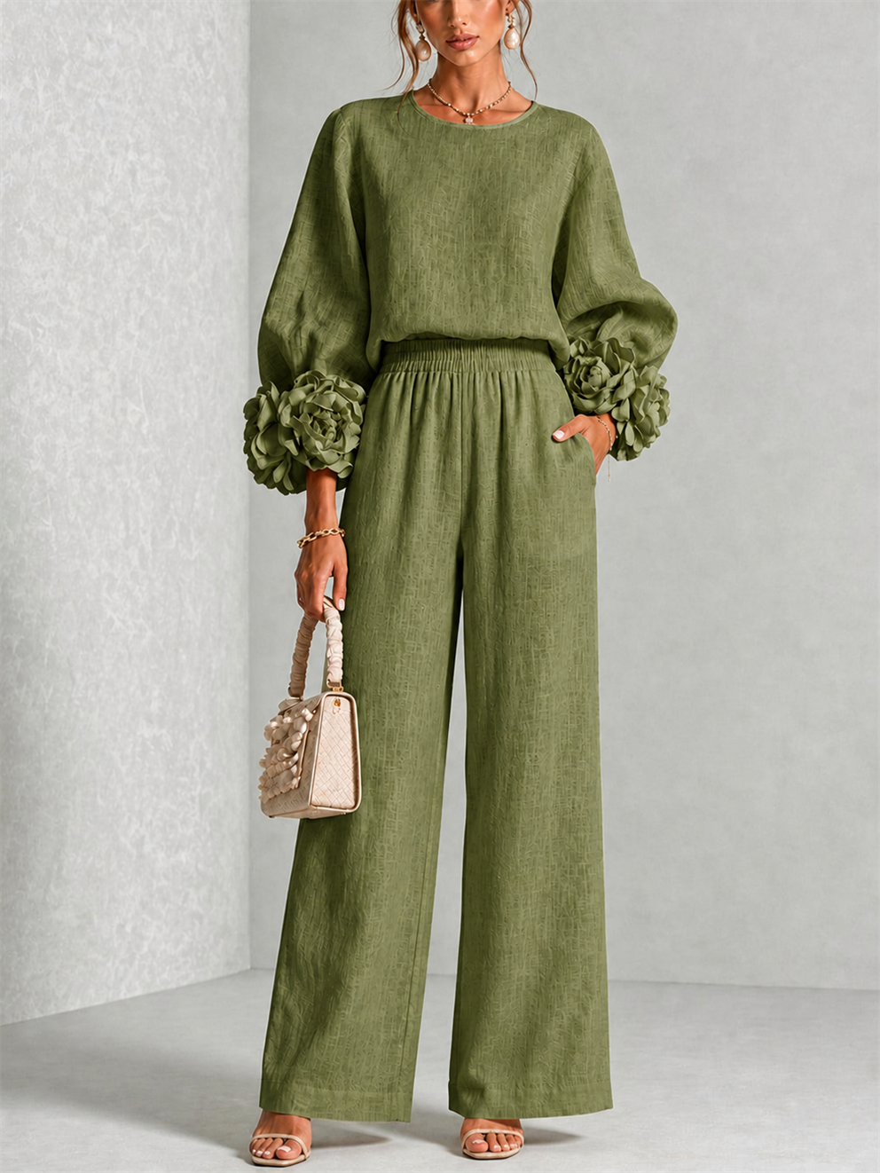 Carys | Conjunto de Dos Piezas con Puños Florales - Verde Oliva