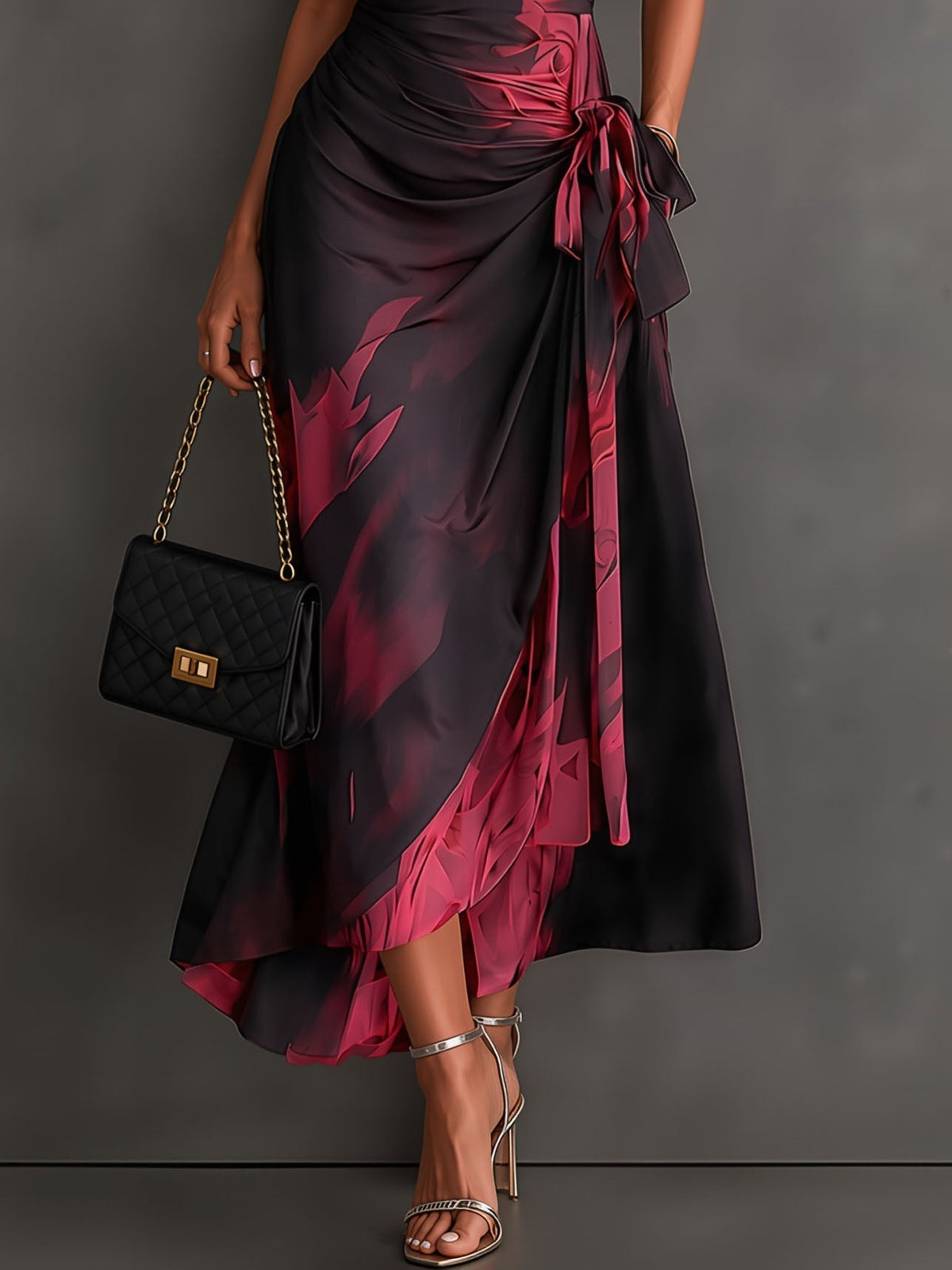 Aida | Vestido Midi Cruzado con Estampado Abstracto en Burdeos