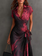 Aida | Vestido Midi Cruzado con Estampado Abstracto en Burdeos